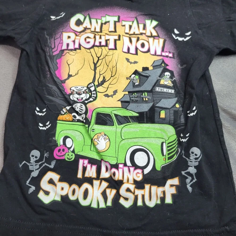 Bucees Shirt Boy Size 2T Black Skelton Halloween Spooky Stuf Truck Cant Talk Now